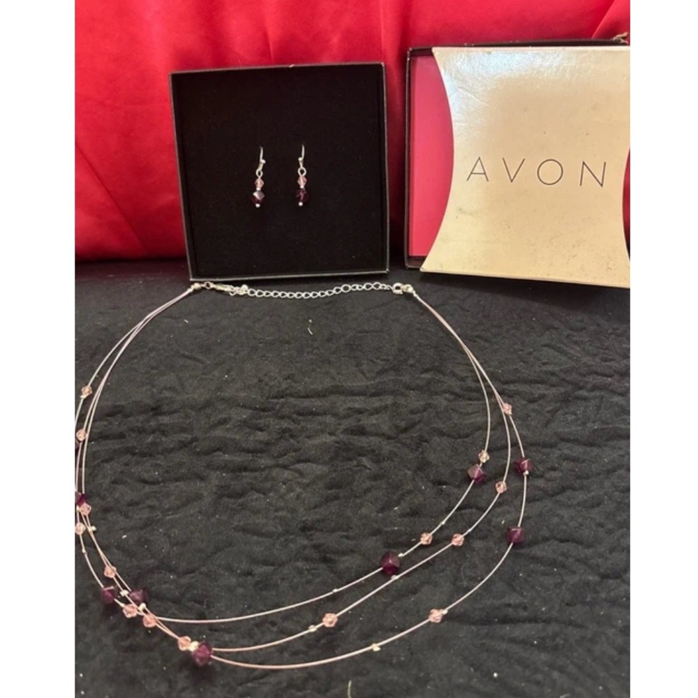 Avon Purple Pink Beaded Triple Strand Necklace and Earrings Jewelry Set with Box